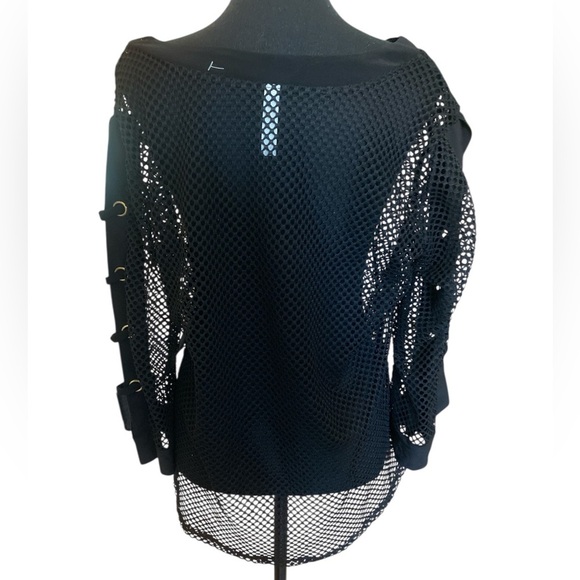 Black Mesh Sheer Knit Top Silver Grommet Sleeve Details NWT Edgy Goth Size Large - Picture 3 of 10